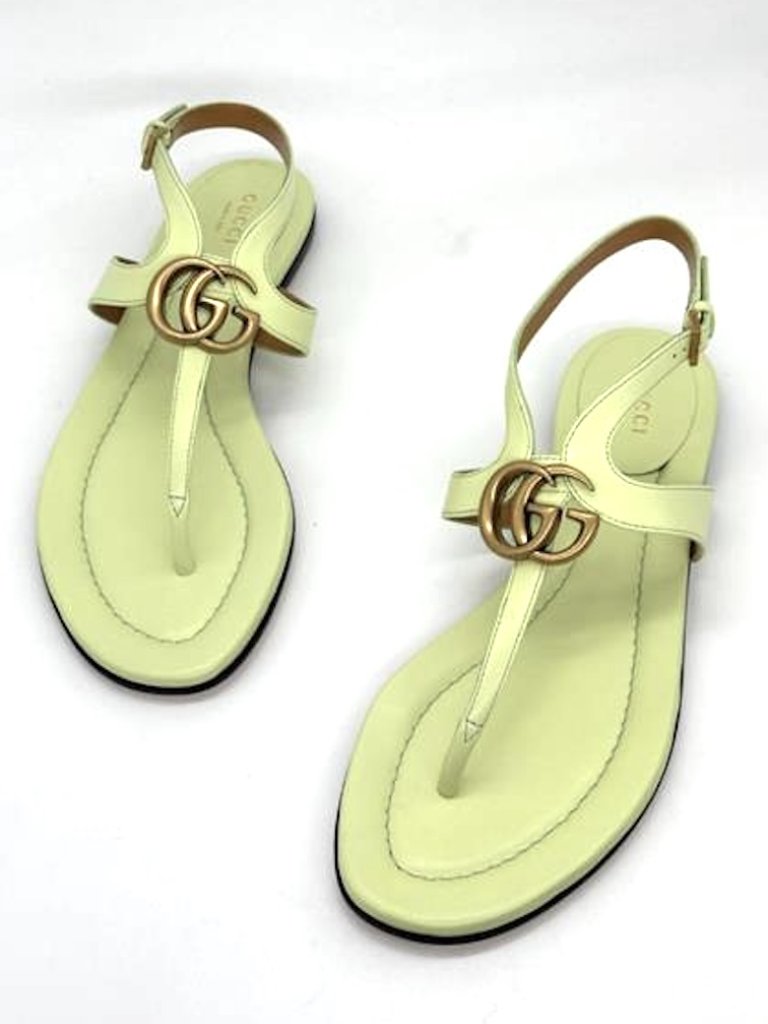 Gucci Marmont Double Gg Logo Leather Thong T Strap Flat Sandals Shoes